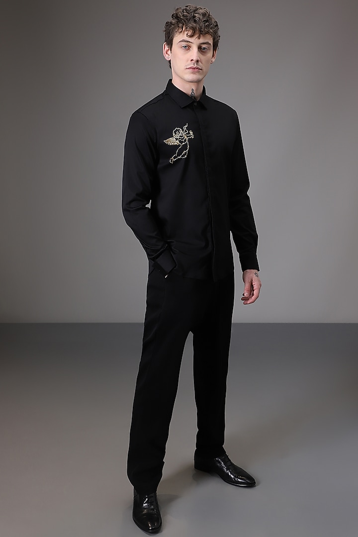 Black Cotton Satin Cupid Hand Embroidered Party Wear Shirt by Komal Kothari at Pernia's Pop Up Shop