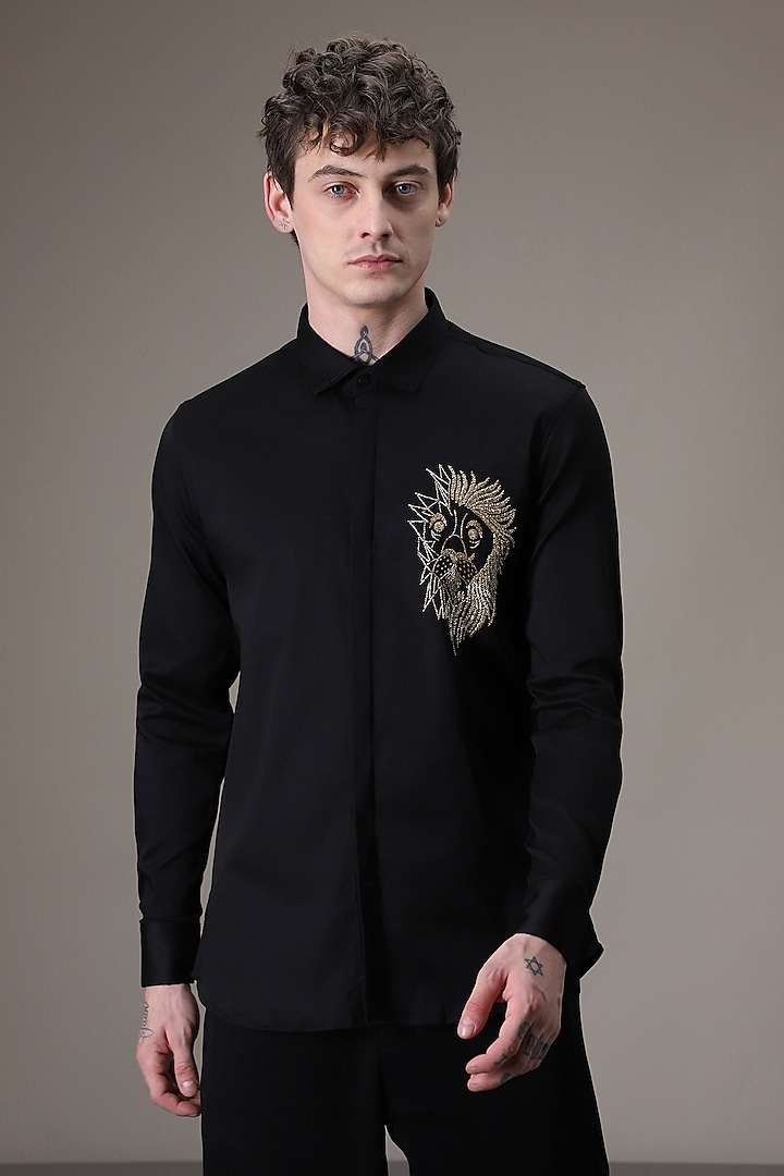 Black Cotton Satin Hand Embroidered Shirt by Komal Kothari at Pernia's Pop Up Shop