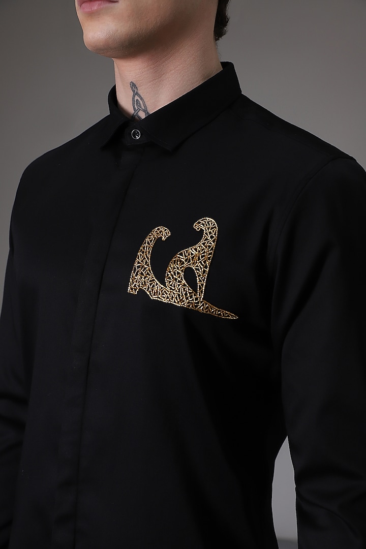 Black Cotton Satin Abstract Panther Hand Embroidered Party Wear Shirt by Komal Kothari at Pernia's Pop Up Shop
