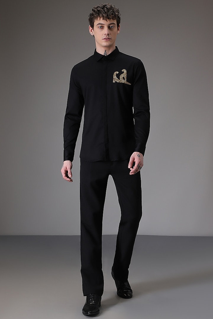 Black Cotton Satin Abstract Panther Hand Embroidered Party Wear Shirt by Komal Kothari at Pernia's Pop Up Shop