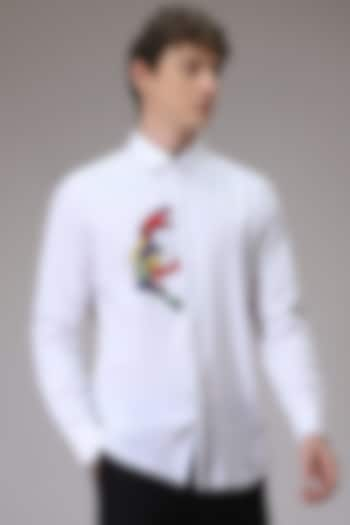 White Cotton Satin Abstract Face Hand Embroidered Shirt by Komal Kothari