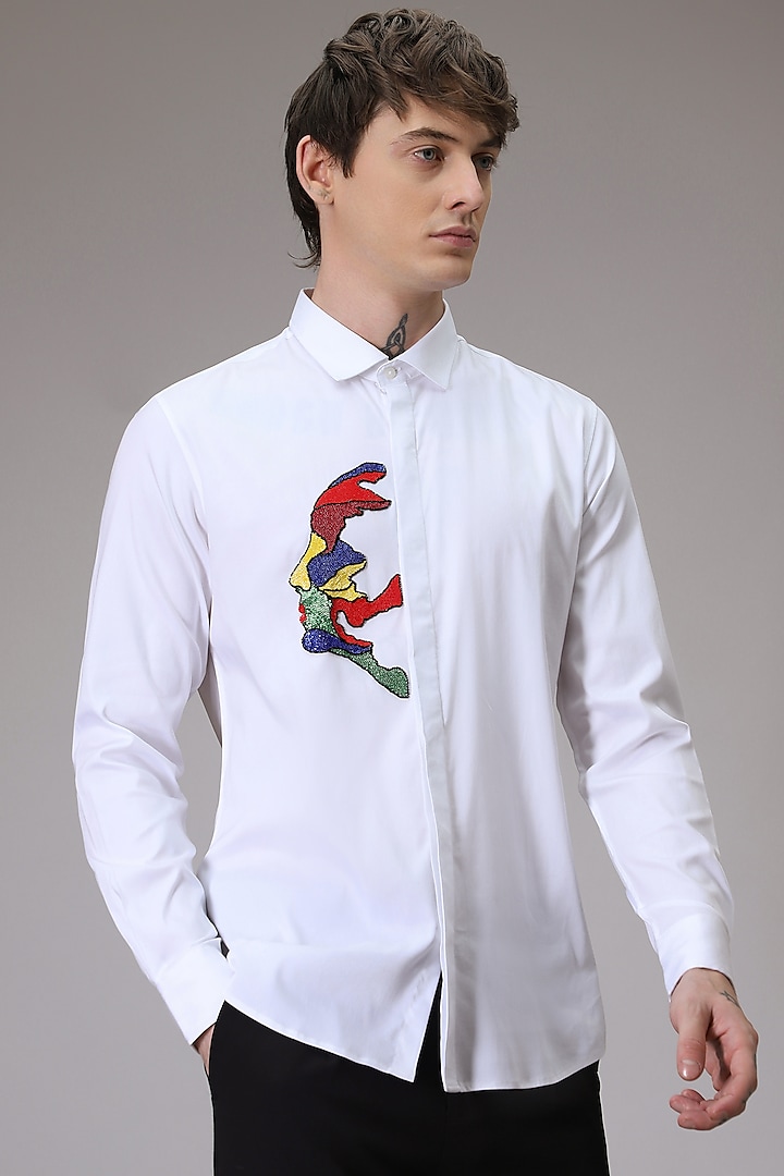 White Cotton Satin Abstract Face Hand Embroidered Shirt by Komal Kothari