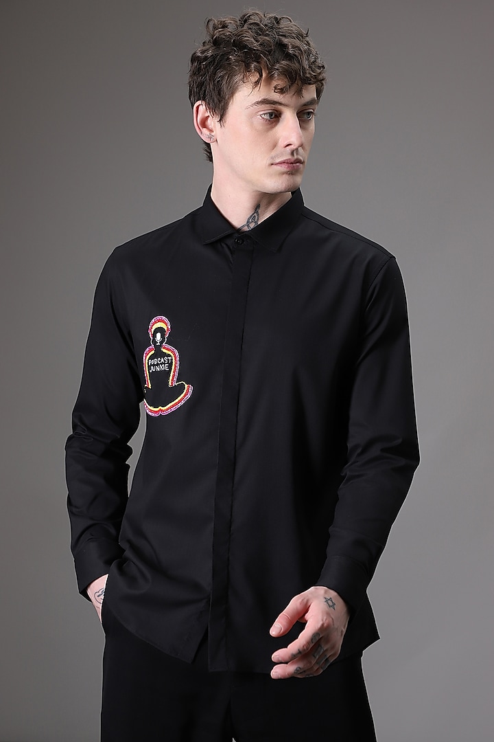 Black Cotton Satin Hand Embroidered Shirt by Komal Kothari