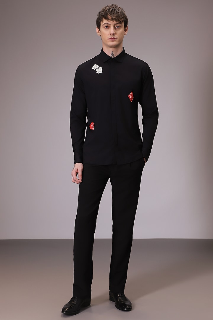 Black Cotton Satin Hand Embroidered Party Wear Shirt by Komal Kothari at Pernia's Pop Up Shop