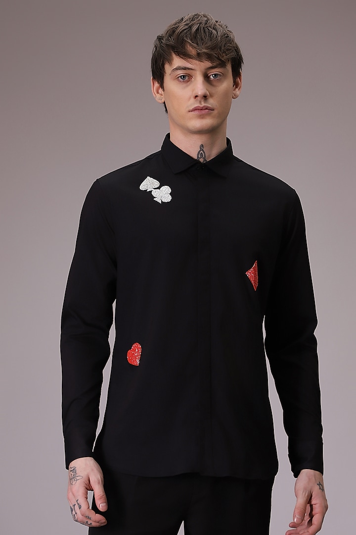 Black Cotton Satin Hand Embroidered Shirt by Komal Kothari at Pernia's Pop Up Shop