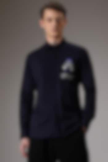 Navy Blue Cotton Satin Hand Embroidered Shirt by Komal Kothari