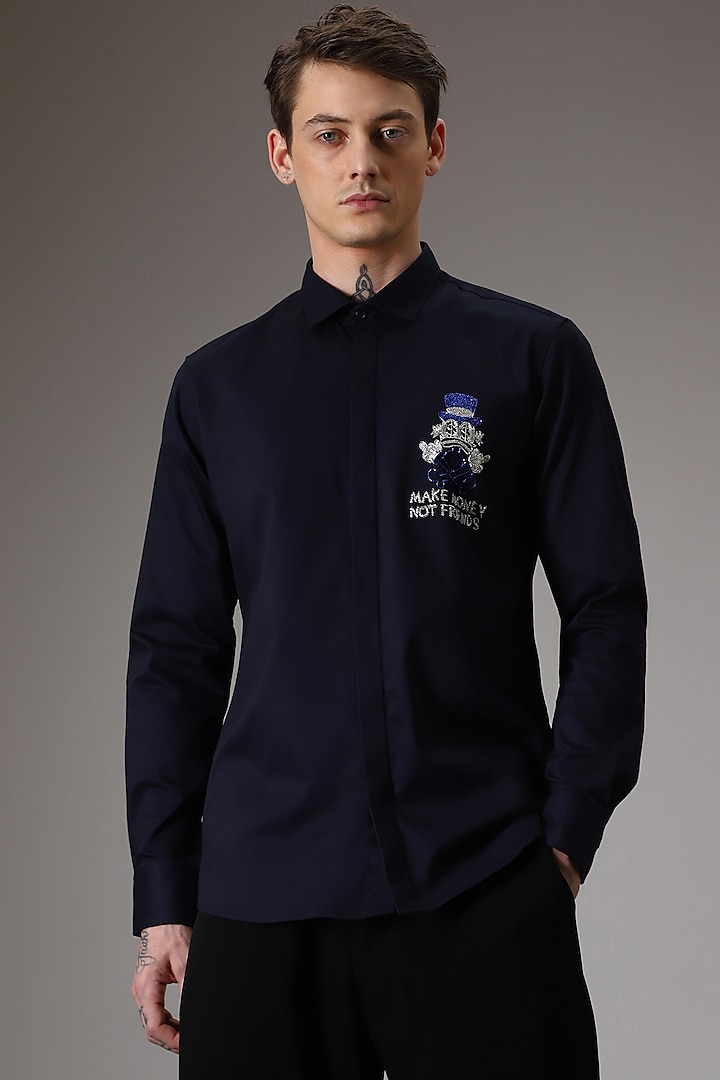 Navy Blue Cotton Satin Hand Embroidered Shirt by Komal Kothari