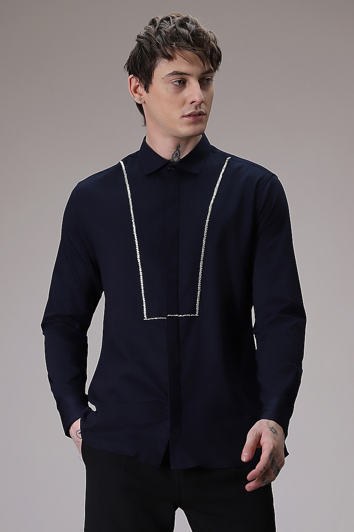 Navy Cotton Satin Hand Embroidered Pintuck Shirt by Komal Kothari at Pernia's Pop Up Shop