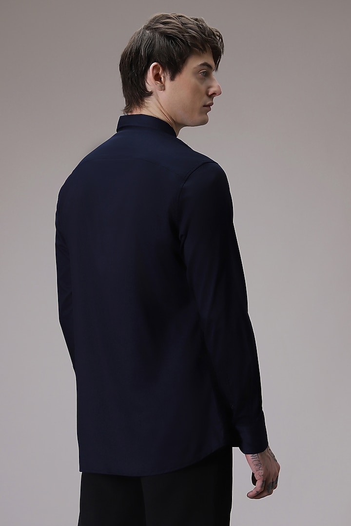 Navy Cotton Satin Hand Embroidered Pintuck Summer Shirt by Komal Kothari at Pernia's Pop Up Shop