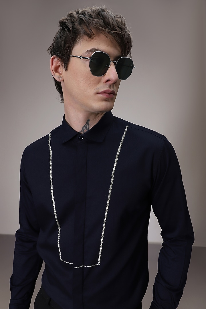 Navy Cotton Satin Hand Embroidered Pintuck Summer Shirt by Komal Kothari at Pernia's Pop Up Shop