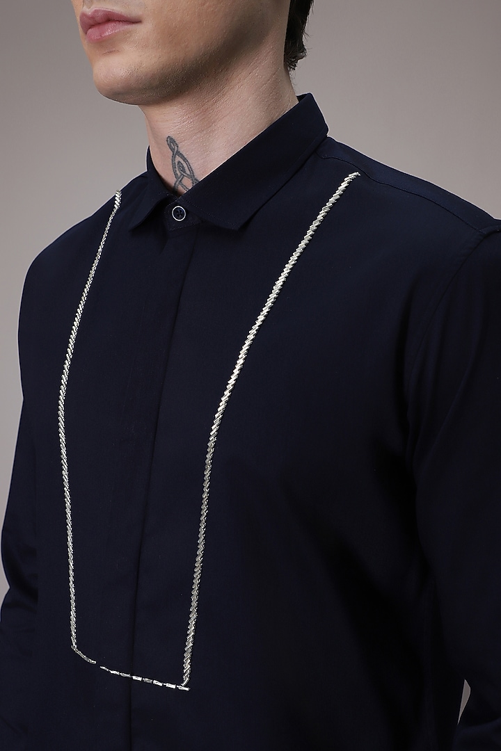 Navy Cotton Satin Hand Embroidered Pintuck Summer Shirt by Komal Kothari at Pernia's Pop Up Shop