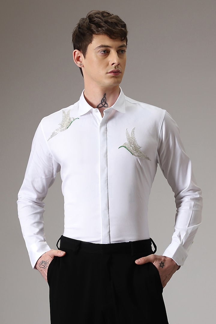 White Cotton Lycra Hand Embroidered Shirt by Komal Kothari