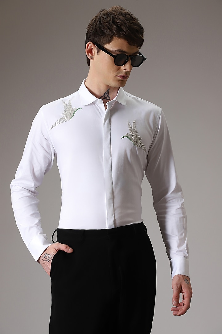 White Cotton Lycra Hand Embroidered Party Wear Shirt by Komal Kothari at Pernia's Pop Up Shop