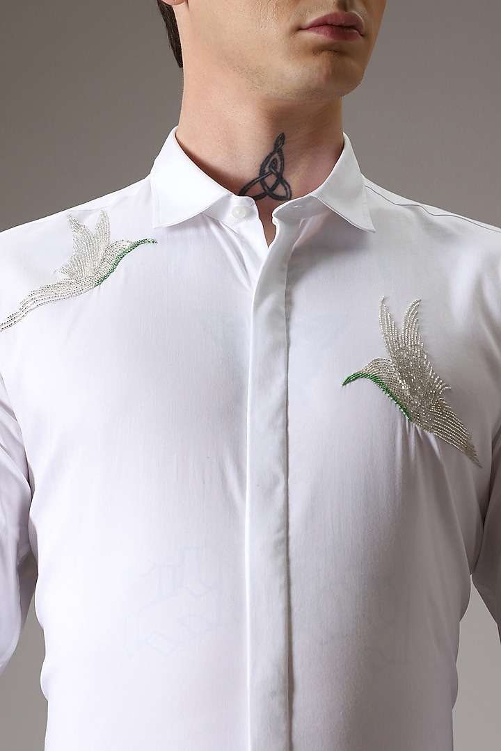 White Cotton Lycra Hand Embroidered Party Wear Shirt by Komal Kothari at Pernia's Pop Up Shop