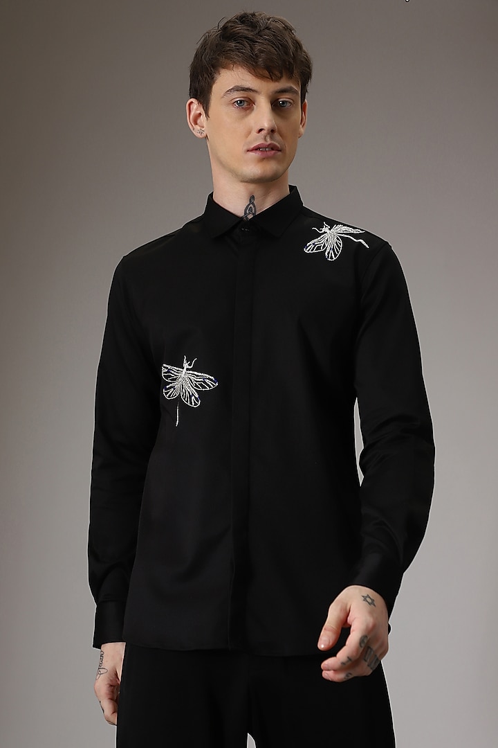 Black Cotton Satin Hand Embroidered Shirt by Komal Kothari at Pernia's Pop Up Shop