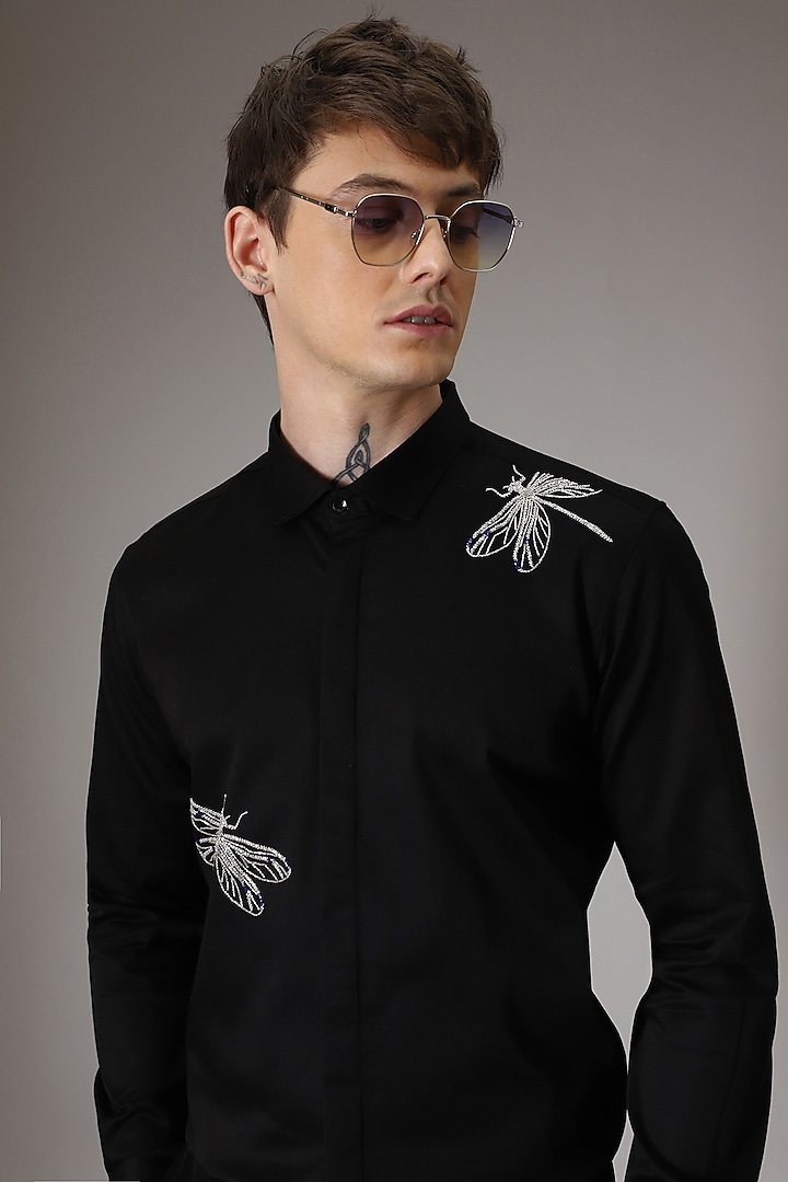 Black Cotton Satin Hand Embroidered Party Wear Shirt by Komal Kothari at Pernia's Pop Up Shop