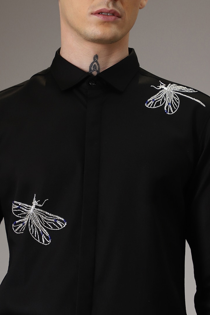 Black Cotton Satin Hand Embroidered Party Wear Shirt by Komal Kothari at Pernia's Pop Up Shop
