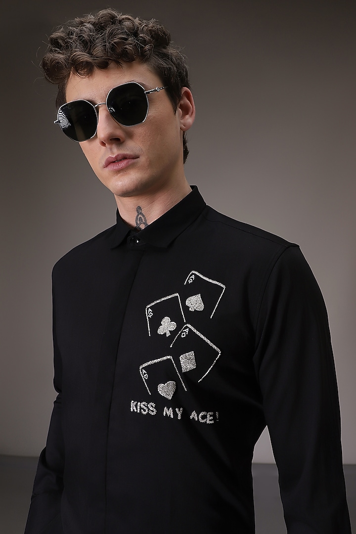 Black Cotton Satin Hand Embroidered Party Wear Shirt by Komal Kothari at Pernia's Pop Up Shop