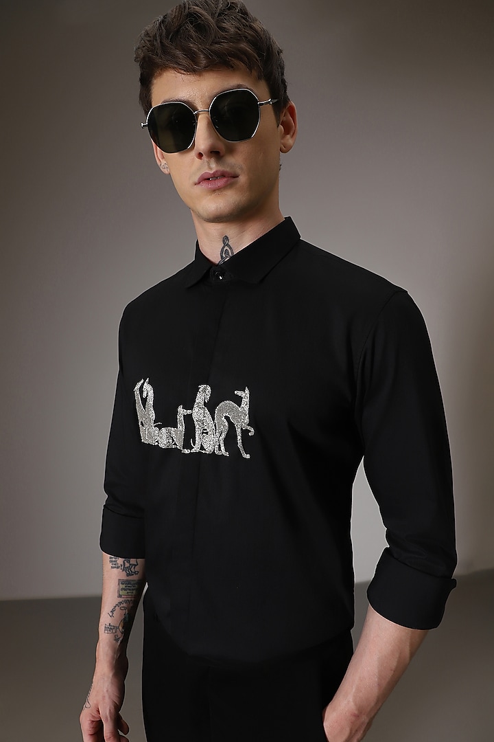Black Cotton Satin Hand Embroidered Summer Shirt by Komal Kothari at Pernia's Pop Up Shop