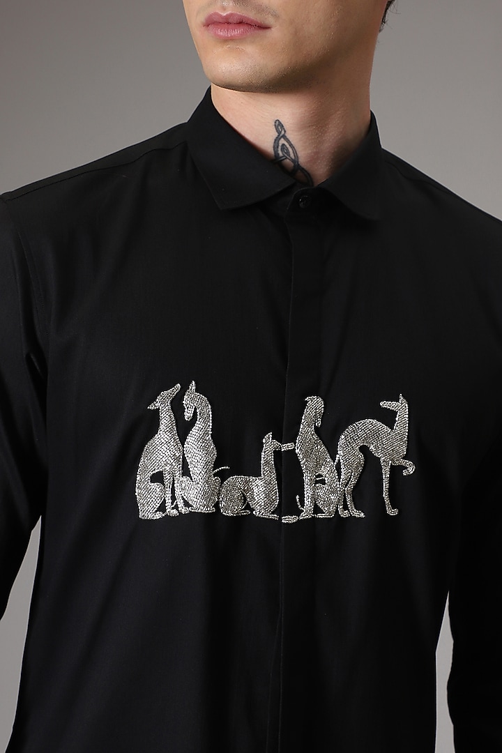 Black Cotton Satin Hand Embroidered Summer Shirt by Komal Kothari at Pernia's Pop Up Shop