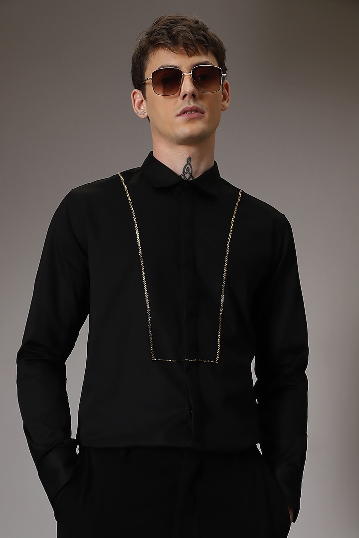 Black Cotton Satin Hand Embroidered Pintuck Summer Shirt by Komal Kothari at Pernia's Pop Up Shop