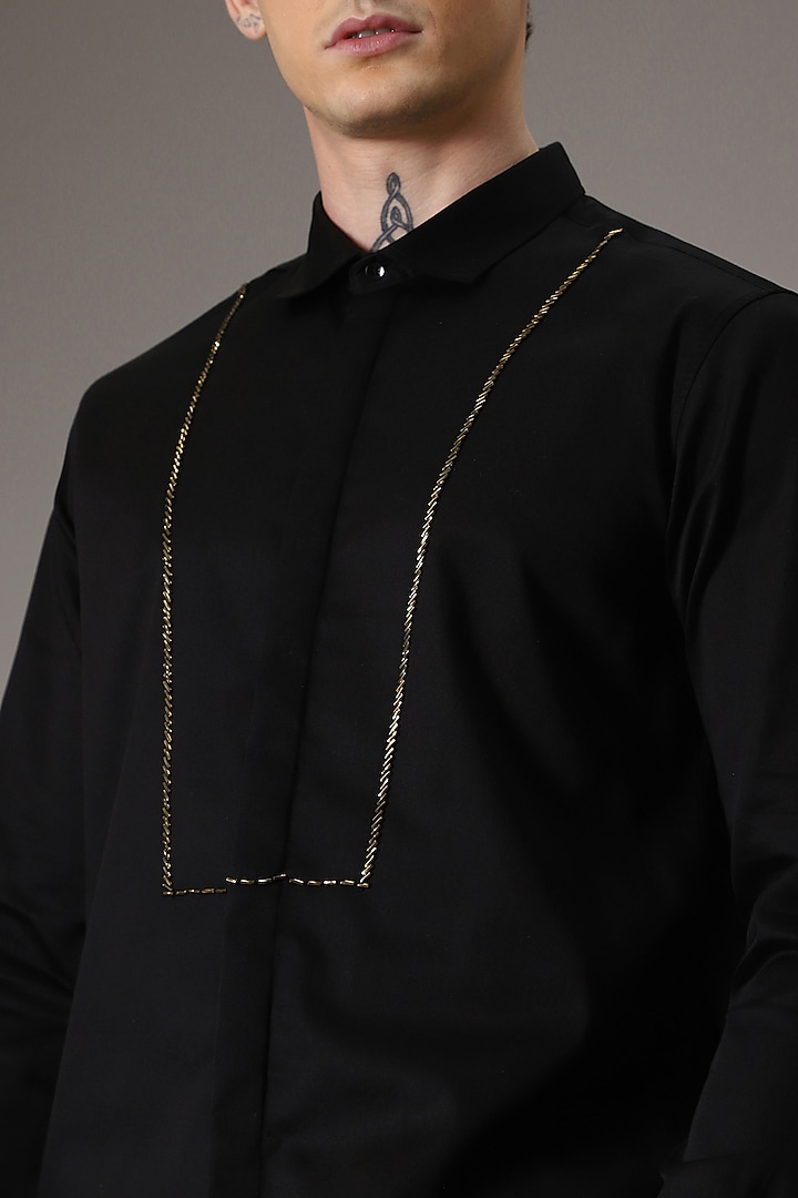Black Cotton Satin Hand Embroidered Pintuck Summer Shirt by Komal Kothari at Pernia's Pop Up Shop