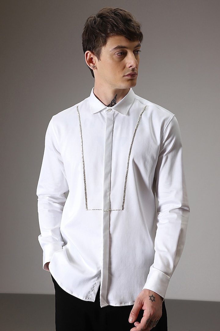 White Cotton Satin Hand Embroidered Pintuck Shirt by Komal Kothari at Pernia's Pop Up Shop