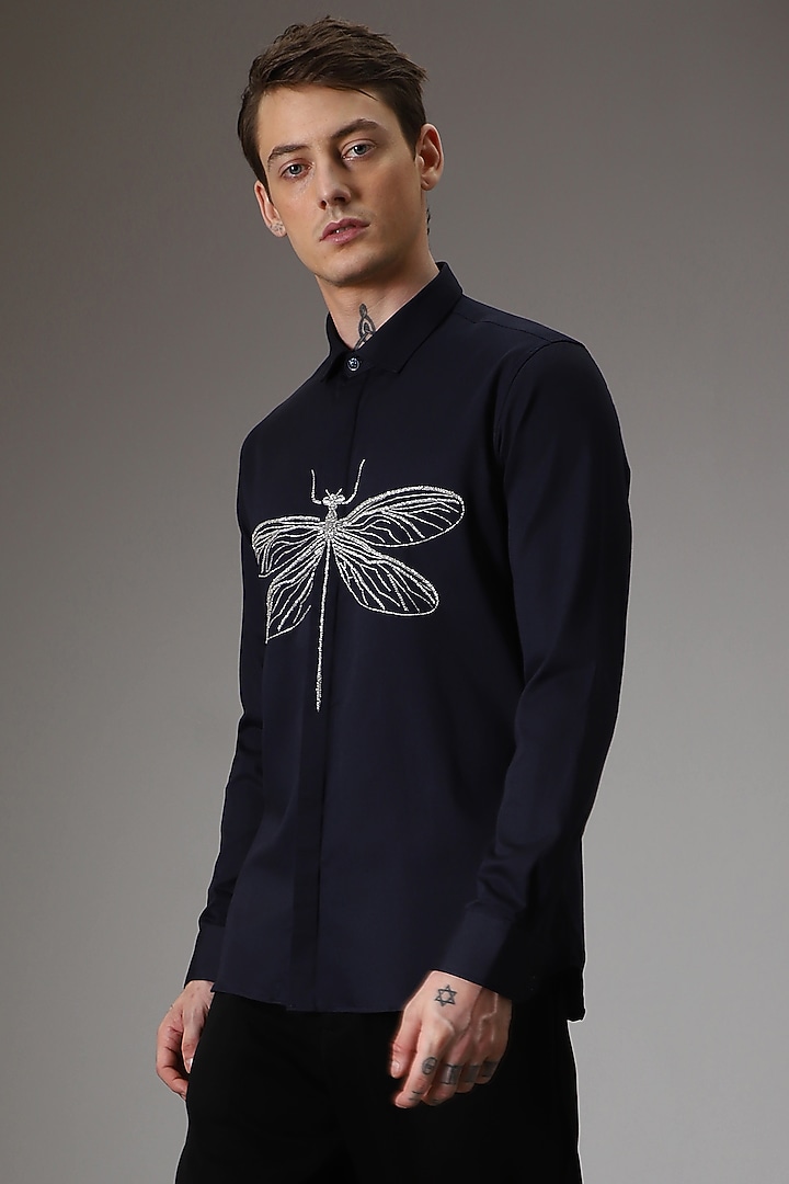 Navy Cotton Lycra Hand Embroidered Party Wear Shirt by Komal Kothari at Pernia's Pop Up Shop