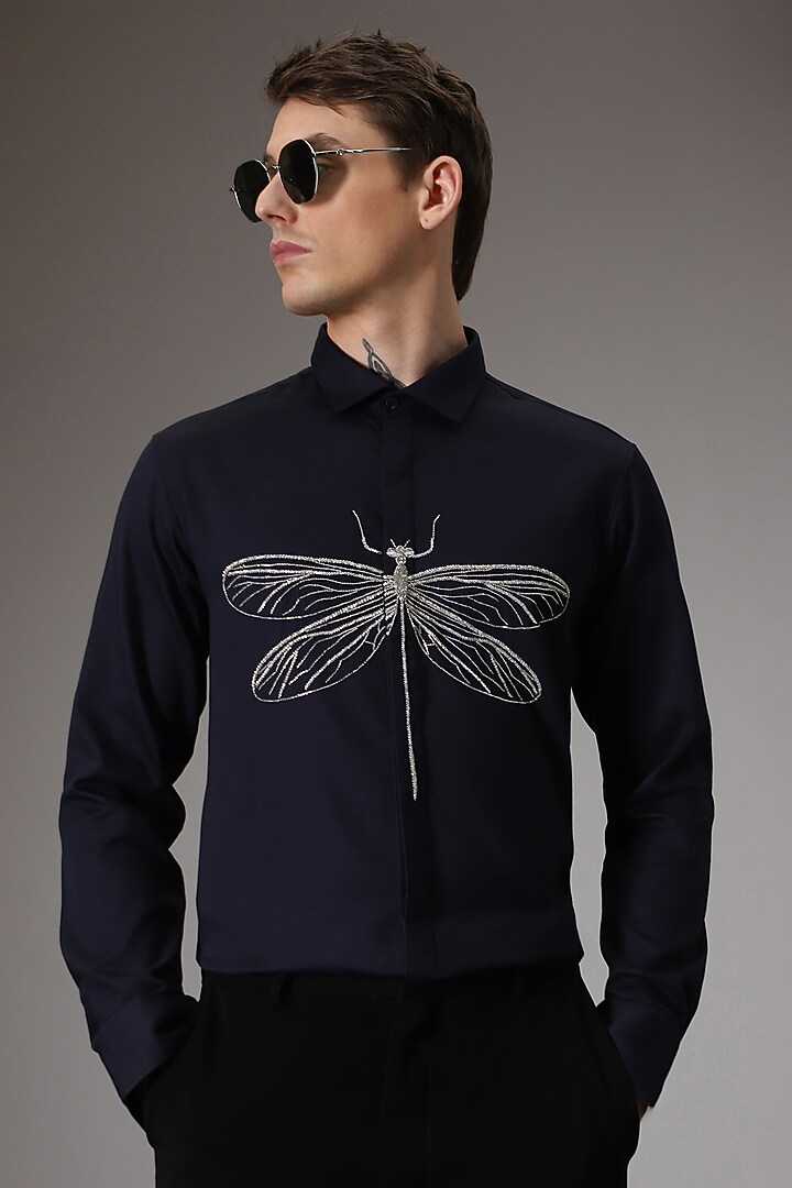 Navy Cotton Lycra Hand Embroidered Party Wear Shirt by Komal Kothari at Pernia's Pop Up Shop