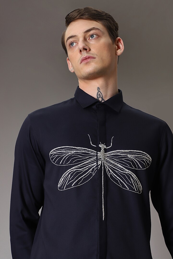 Navy Cotton Lycra Hand Embroidered Party Wear Shirt by Komal Kothari at Pernia's Pop Up Shop
