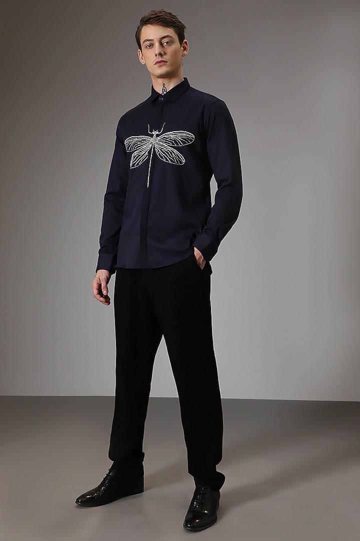 Navy Cotton Lycra Hand Embroidered Party Wear Shirt by Komal Kothari at Pernia's Pop Up Shop