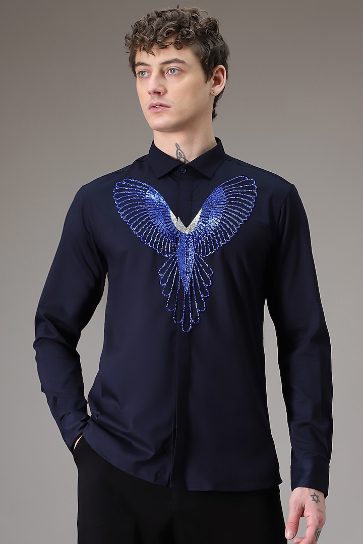 Navy Cotton Satin Parrot Hand Embroidered Shirt by Komal Kothari