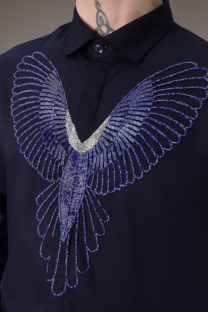 Navy Cotton Satin Parrot Hand Embroidered Party Wear Shirt by Komal Kothari at Pernia's Pop Up Shop