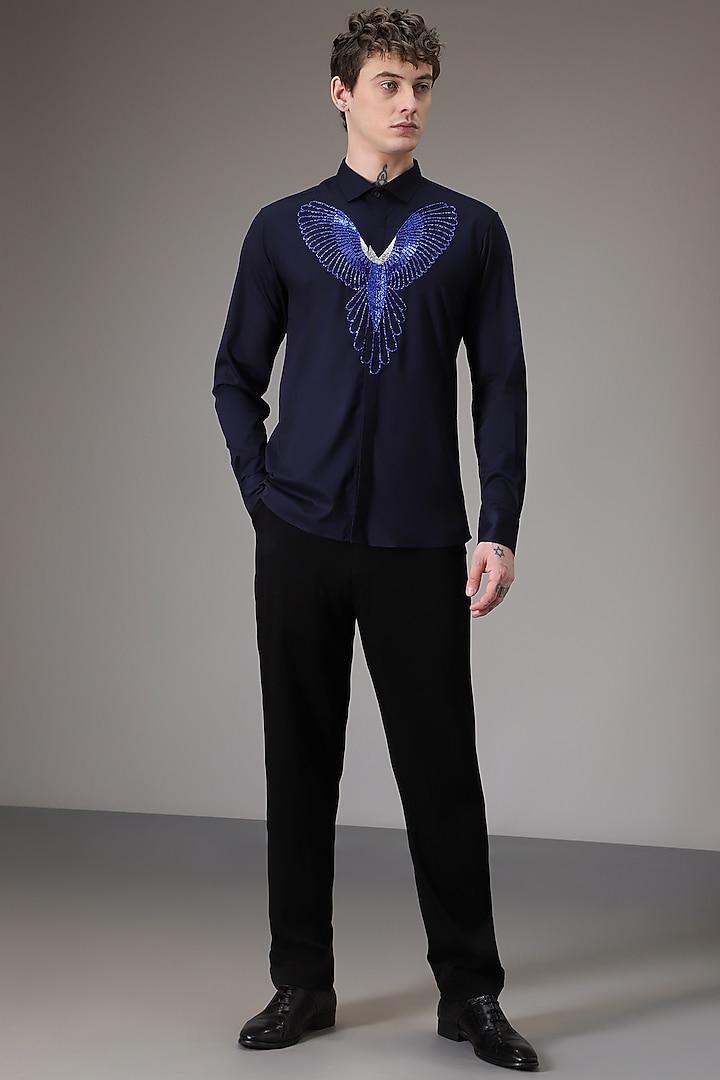 Navy Cotton Satin Parrot Hand Embroidered Party Wear Shirt by Komal Kothari at Pernia's Pop Up Shop