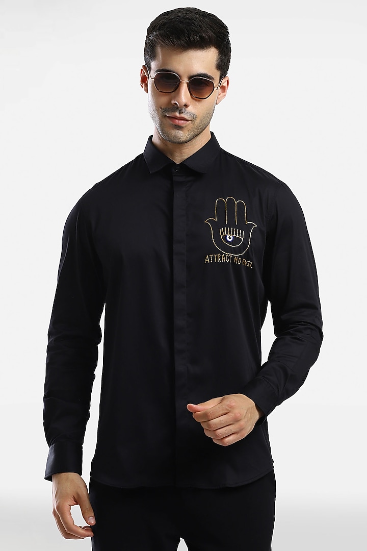 Black Cotton & Lycra Embroidered Handcrafted Summer Shirt by Komal Kothari at Pernia's Pop Up Shop