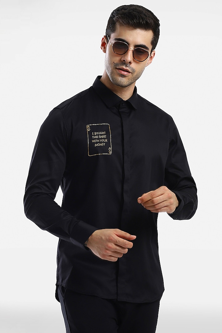 Black Cotton & Lycra Embroidered Handcrafted Shirt by Komal Kothari