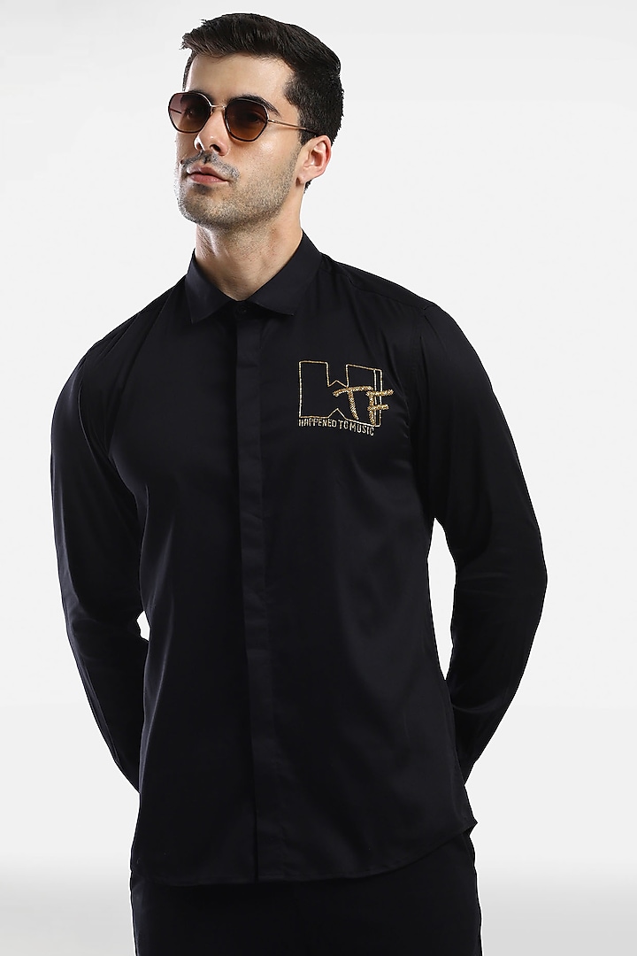 Black Cotton & Lycra Embroidered Handcrafted Summer Shirt by Komal Kothari at Pernia's Pop Up Shop