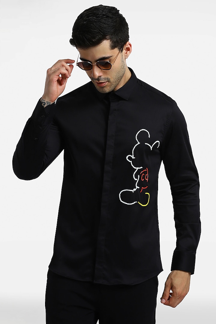 Black Cotton & Lycra Embroidered Handcrafted Shirt by Komal Kothari