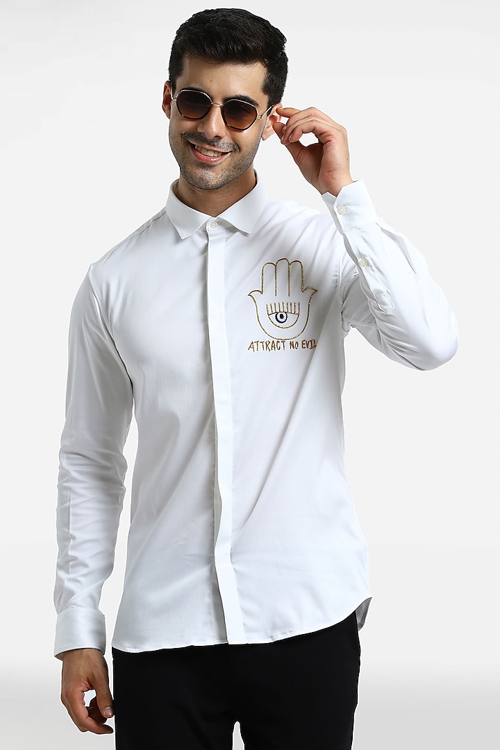 White Cotton & Lycra Embroidered Handcrafted Shirt by Komal Kothari