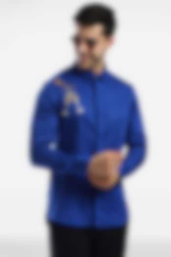 Royal Blue Cotton & Lycra Embroidered Handcrafted Summer Shirt by Komal Kothari at Pernia's Pop Up Shop