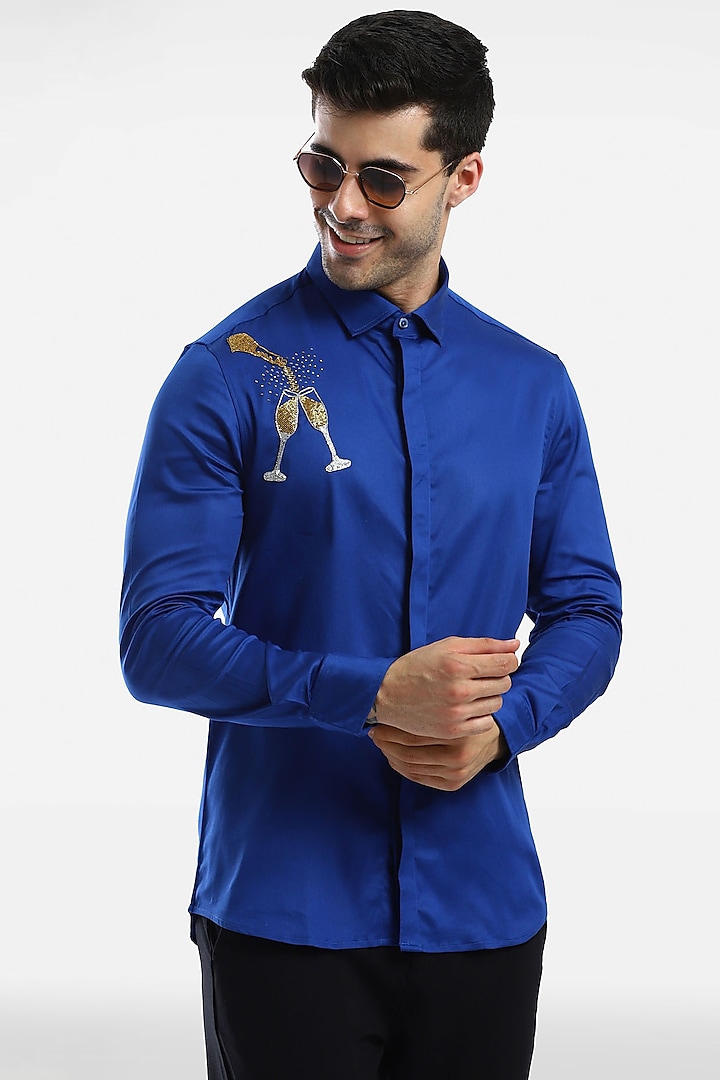 Royal Blue Cotton & Lycra Embroidered Handcrafted Summer Shirt by Komal Kothari at Pernia's Pop Up Shop
