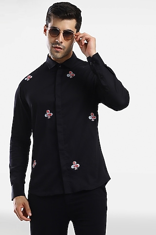 Black Cotton & Lycra Embroidered Handcrafted Shirt by Komal Kothari