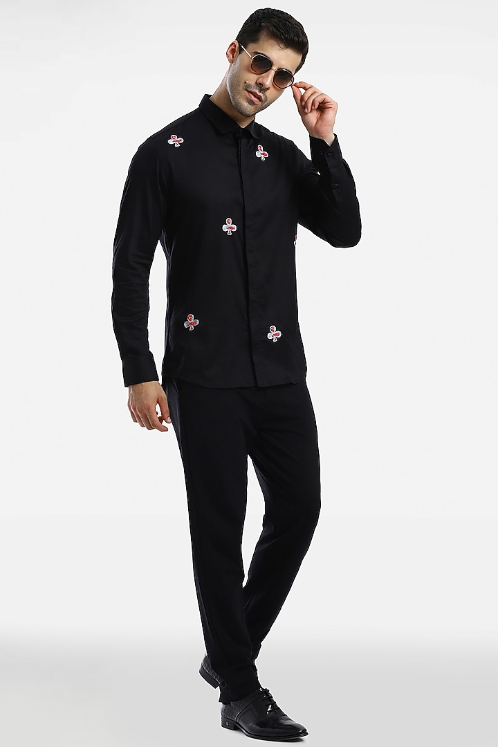 Black Cotton & Lycra Embroidered Handcrafted Summer Shirt by Komal Kothari at Pernia's Pop Up Shop