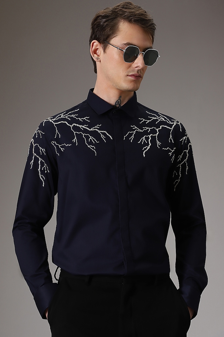 Navy Cotton Satin Hand Embroidered Shirt by Komal Kothari