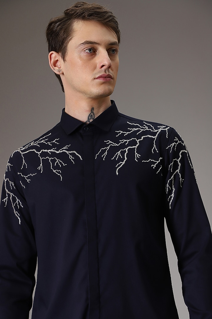 Navy Cotton Satin Hand Embroidered Party Wear Shirt by Komal Kothari at Pernia's Pop Up Shop