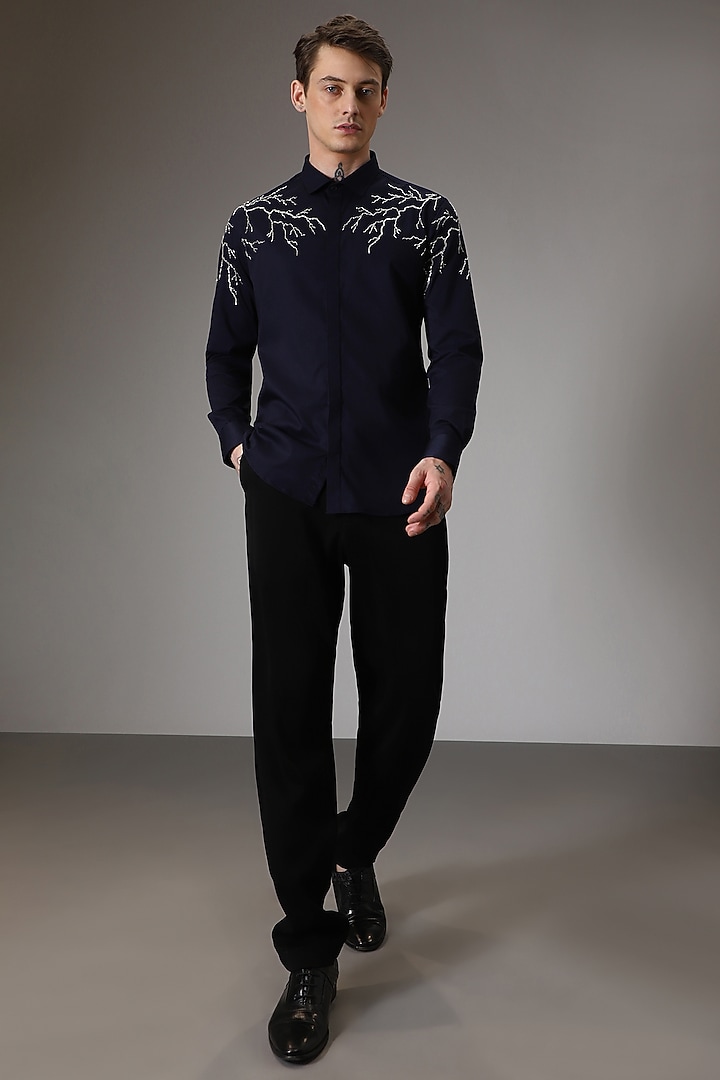Navy Cotton Satin Hand Embroidered Party Wear Shirt by Komal Kothari at Pernia's Pop Up Shop