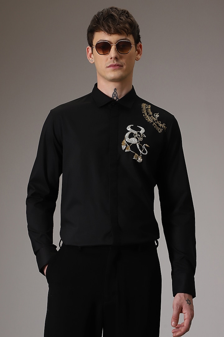 Black Cotton Lycra Hand Embroidered Party Wear Shirt by Komal Kothari at Pernia's Pop Up Shop
