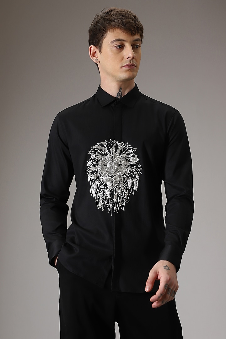 Black Cotton Lycra Hand Embroidered Party Wear Shirt by Komal Kothari at Pernia's Pop Up Shop