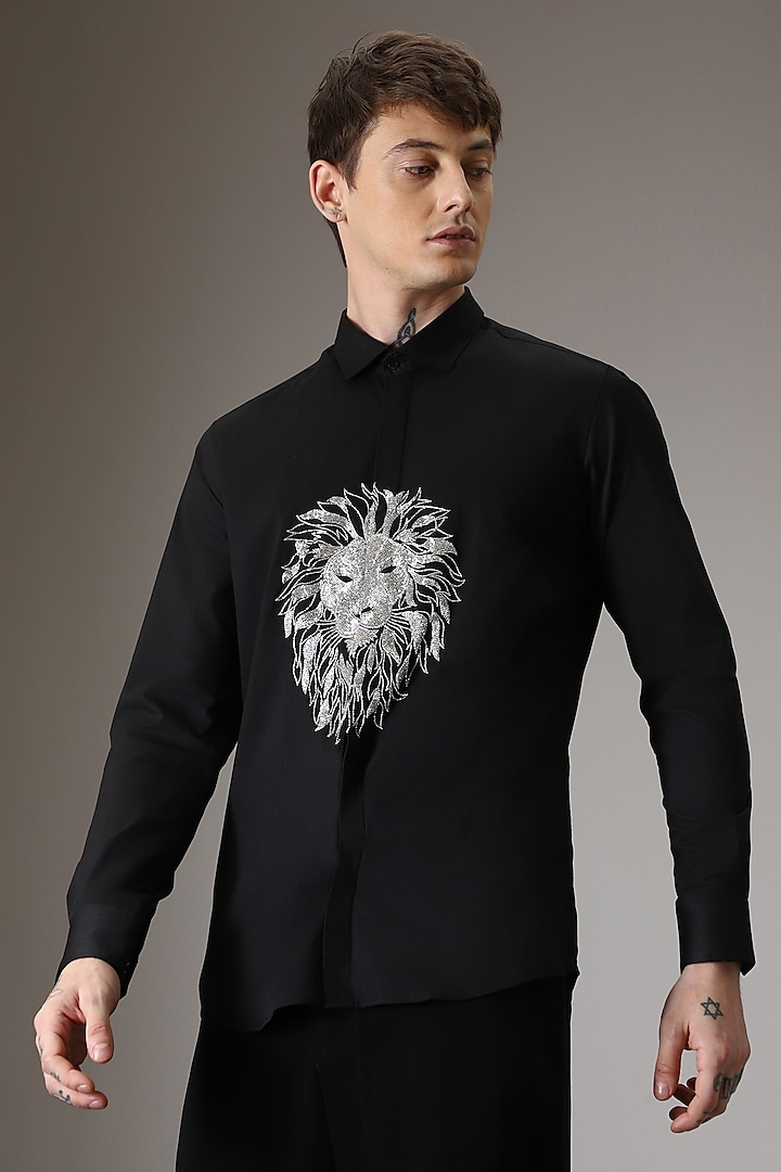 Black Cotton Lycra Hand Embroidered Party Wear Shirt by Komal Kothari at Pernia's Pop Up Shop