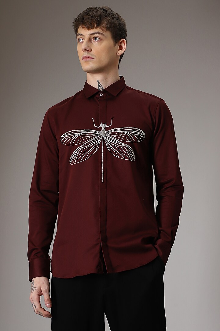 Burgundy Cotton Lycra Hand Embroidered Shirt by Komal Kothari